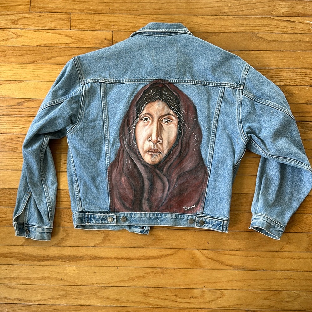 Vintage 90s GAP denim Jean jacket with hand painted native American theme.